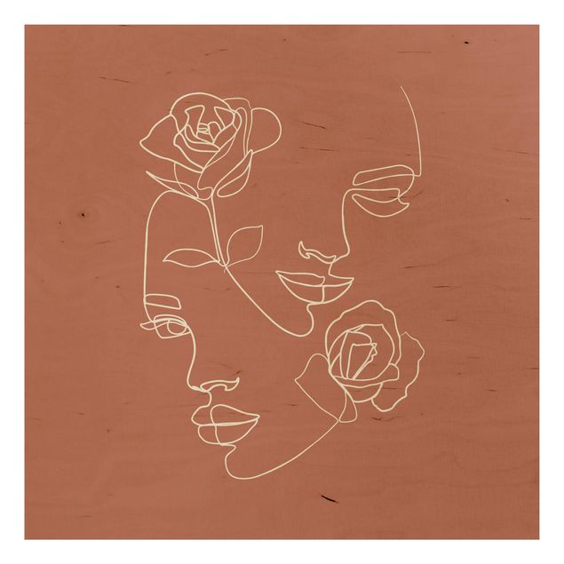 Holzbild Blumen Line Art Gesichter Frauen Rosen Kupfer
