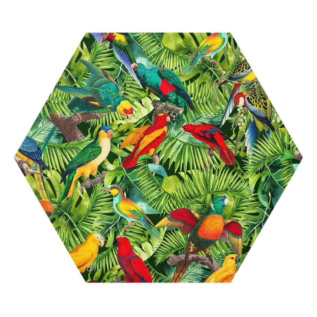 Wandbilder Kunstdrucke Bunte Collage - Papageien im Dschungel