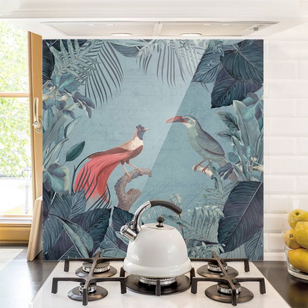 Küchen Deko Blaugraues Paradies mit tropischen Vögeln