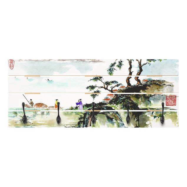 Wandgarderobe weiß Japanische Aquarell Zeichnung See und Berge