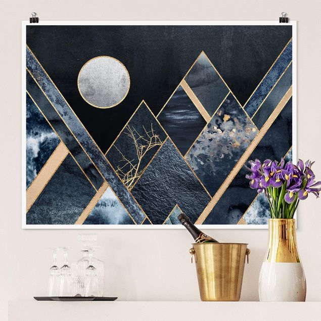 Wandbilder Berge Goldener Mond abstrakte schwarze Berge