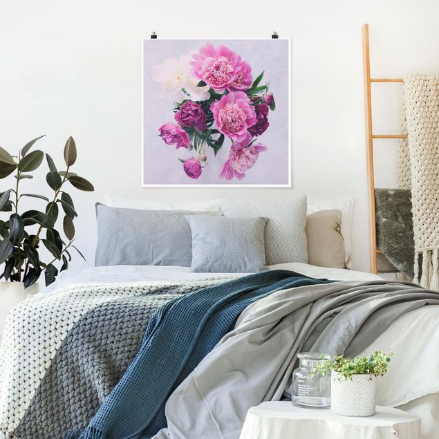 Poster mit Blumen Pfingstrosen Shabby Rosa Weiß