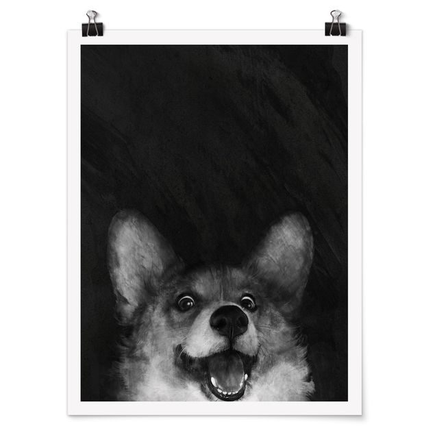 Poster Kunstdruck Illustration Hund Corgi Malerei Schwarz Weiß