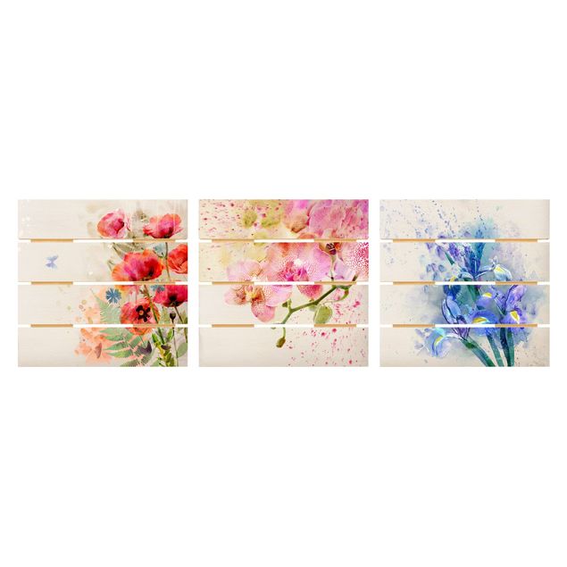 Bilder auf Holz Aquarell Blumen Trio