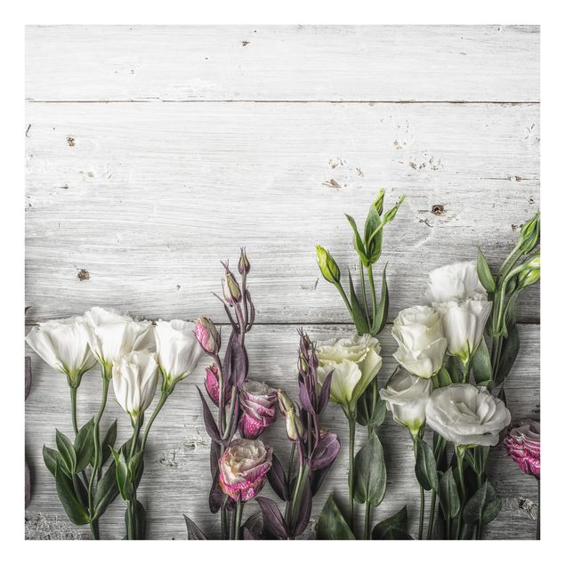 Glasrückwand Küche Tulpen-Rose Shabby Holzoptik