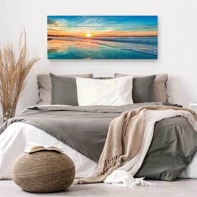 Holzbilder Landschaften Romantischer Sonnenuntergang am Meer