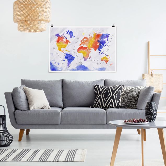 Wandbilder Weltkarten Weltkarte Aquarell violett rot gelb