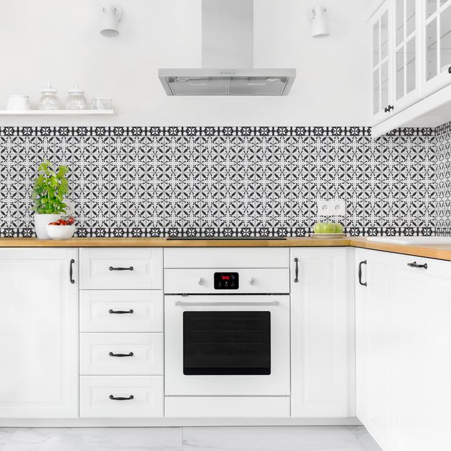 Küchenrückwand Folie Fliesenoptik Geometrischer Fliesenmix Blüte Schwarz