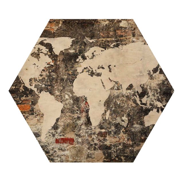 Hexagon Bild Holz - Alte Mauer Weltkarte