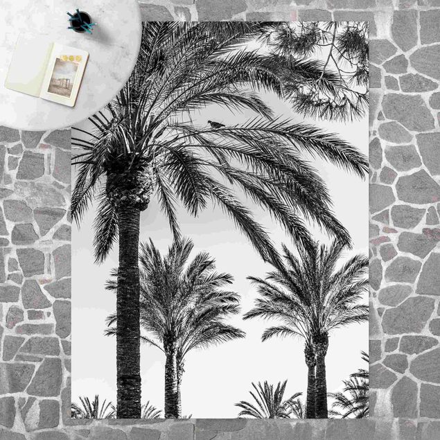 Aussen Teppich Palmen im Sonnenuntergang Schwarz-Weiß