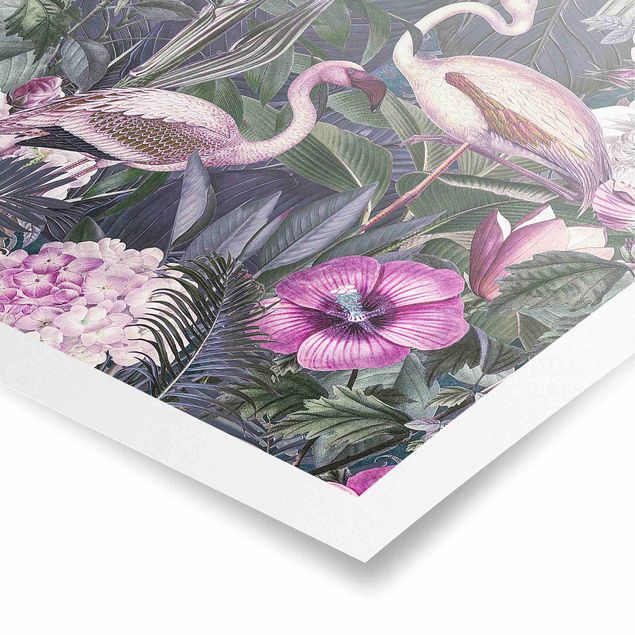 Poster Kunstdruck Bunte Collage - Pinke Flamingos im Dschungel