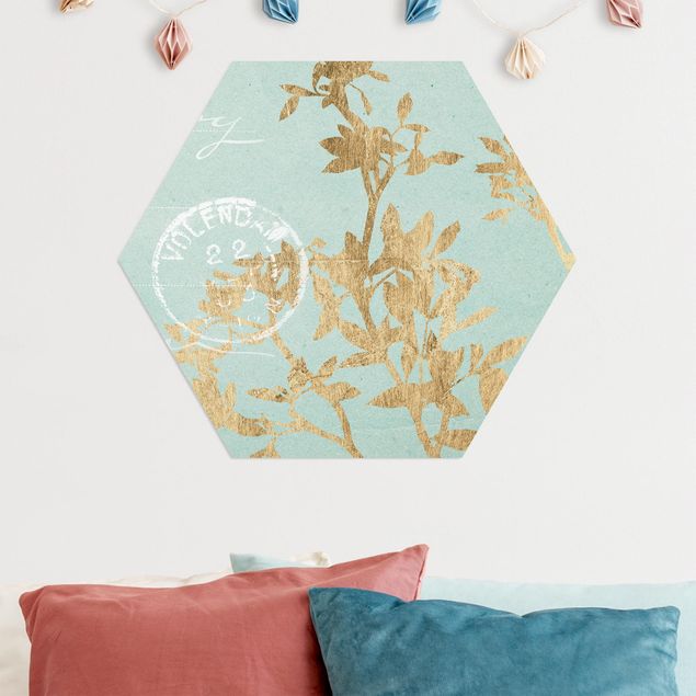Wandbilder Floral Goldene Blätter auf Turquoise II