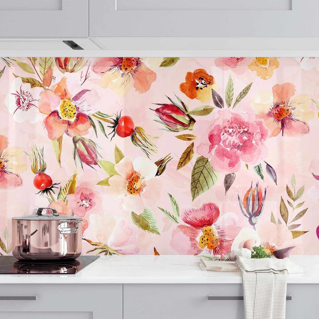 Küche Dekoration Aquarellierte Blumen auf Rosa