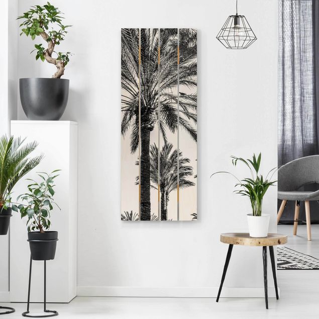 Holzbilder Landschaften Palmen im Sonnenuntergang Schwarz-Weiß
