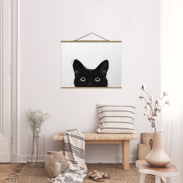 Wandbilder Kunstdrucke Illustration Schwarze Katze auf Weiß Malerei