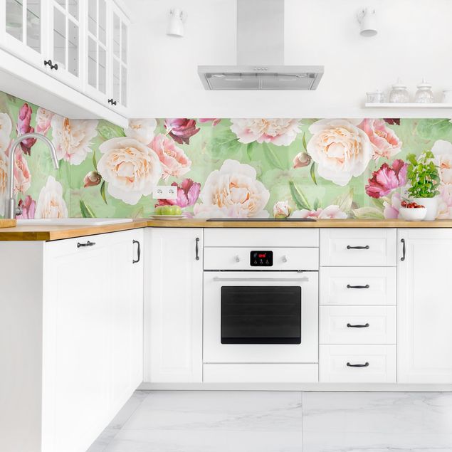 Küchenrückwand Folie Blumen Pfingstrosen vor Mint
