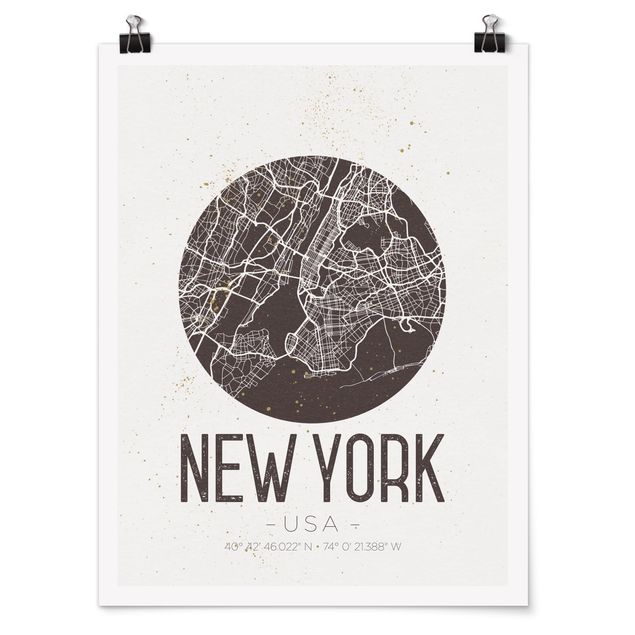 schwarz-weiß Poster Stadtplan New York - Retro