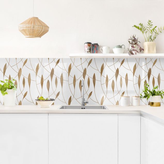 Küchenrückwand Folie Natürliches Muster schwungvolle Blätter in Gold