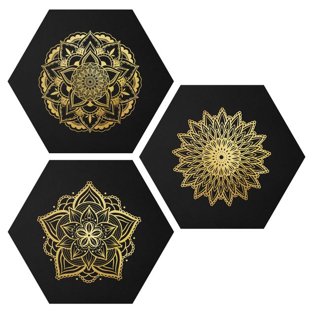 Wandbilder Spirituell Mandala Blüte Sonne Illustration Set Schwarz Gold