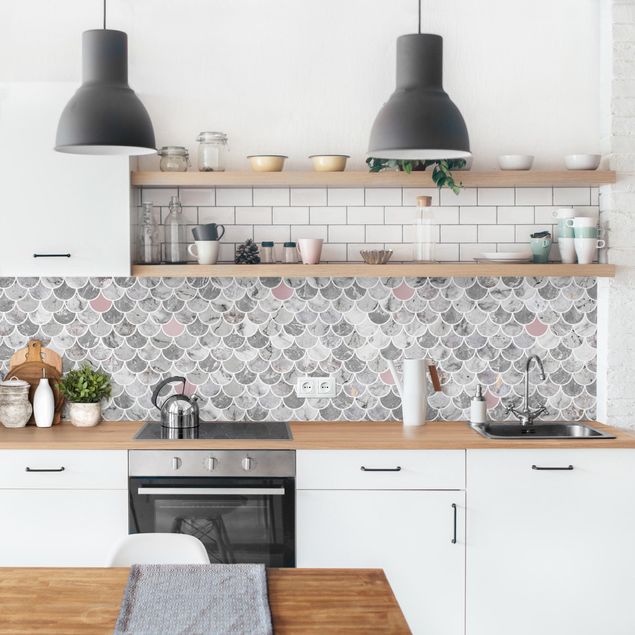 Küchenrückwand Folie Fliesenoptik Fischschuppen Fliesen Marmor - Grau-Roségold