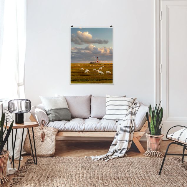 Wandbilder Meer Nordsee Leuchtturm mit Schafsherde