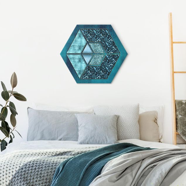 Wandbilder Kunstdrucke Blaues Hexagon mit Goldkontur