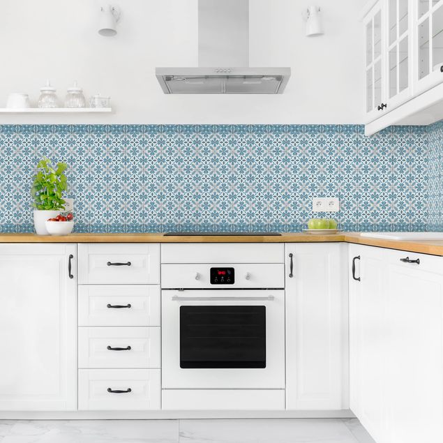 Küchenrückwände Fliesenoptik Geometrischer Fliesenmix Blüte Blaugrau