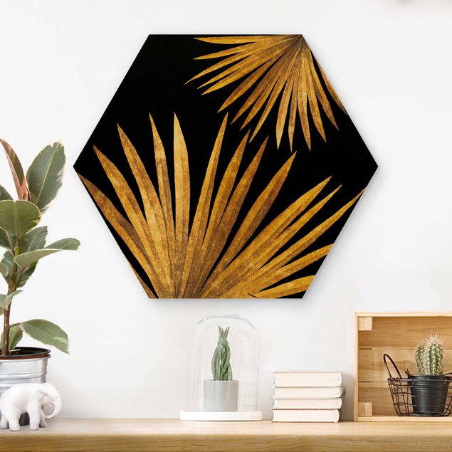 Holzbilder Blumen Gold - Palmenblatt auf Schwarz