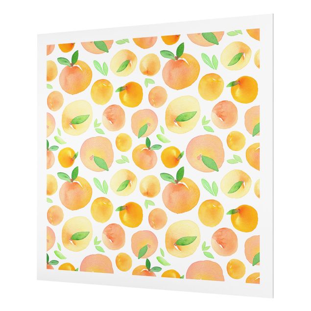 Spritzschutz Glas - Aquarell Orangen mit Blättern in weißem Rahmen - Quadrat 1:1