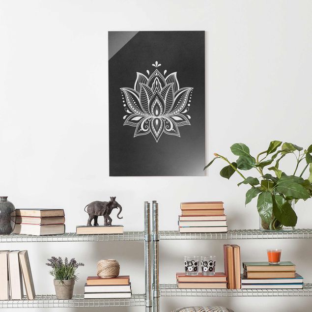 Glasbilder Schwarz-Weiß Lotus Illustration weiß schwarz