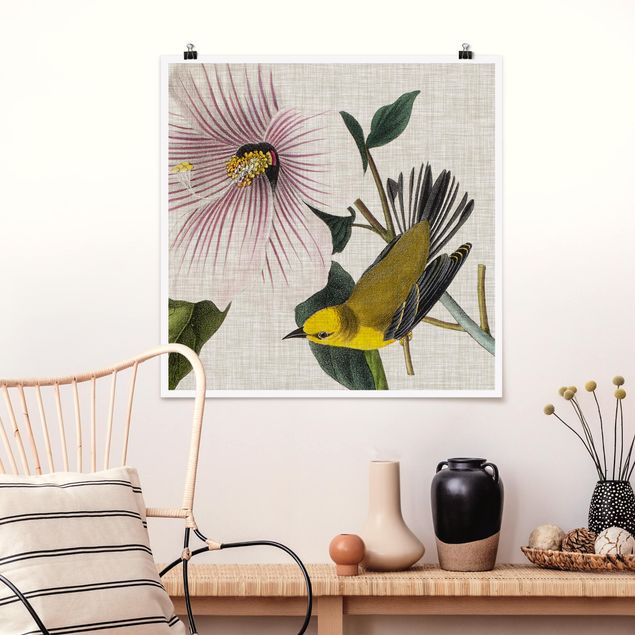 Poster mit Blumen Vogel auf Leinen Gelb I
