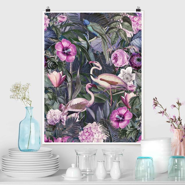 Küchen Deko Bunte Collage - Pinke Flamingos im Dschungel