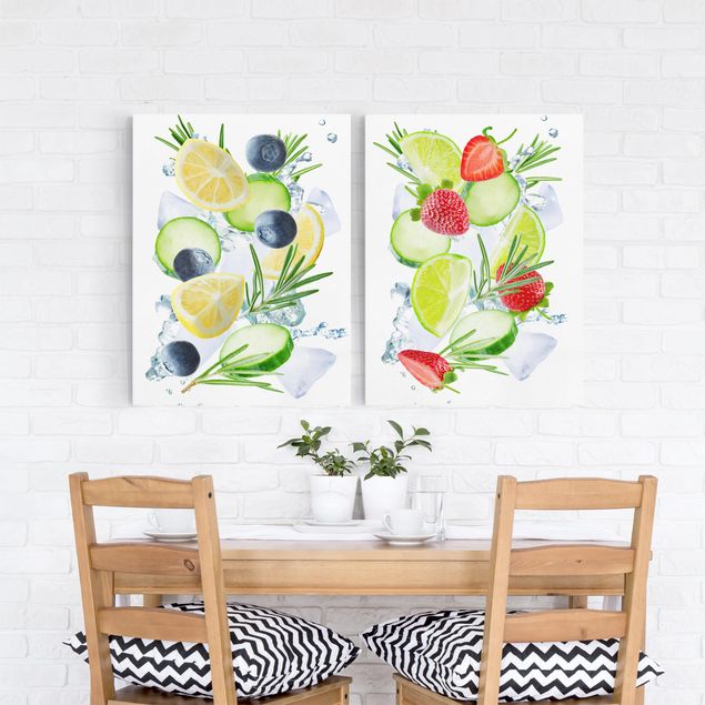 Wandbilder Modern Beeren und Zitrusfrucht Eiswürfel Spash