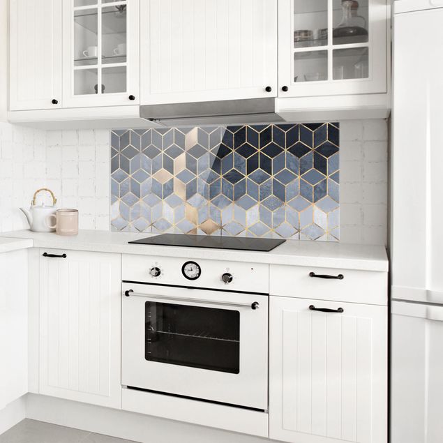 Glasrückwand Küche Muster Blau Weiß goldene Geometrie