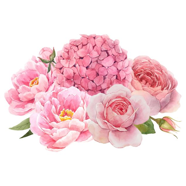 Wandtattoo Natur Aquarell Hortensie Rose Bouquet XXL