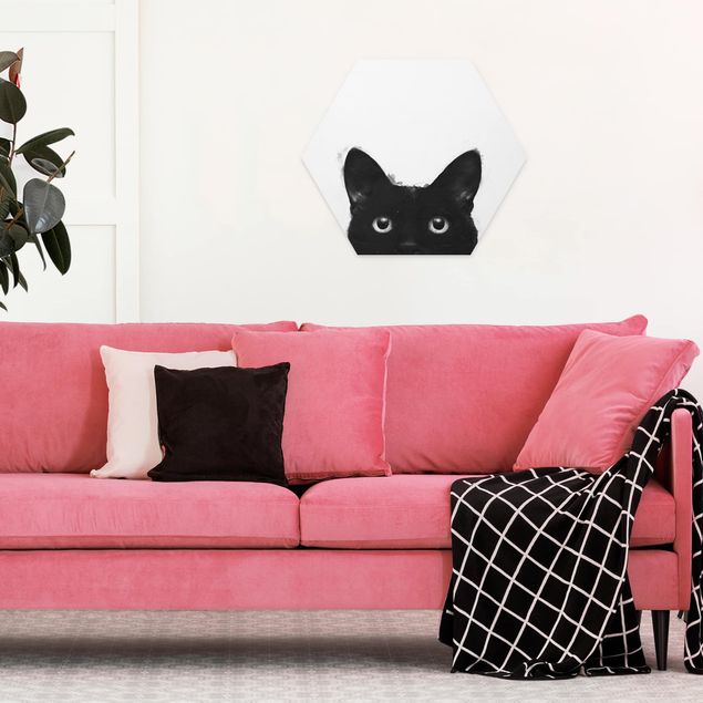 Wandbilder Kunstdrucke Illustration Schwarze Katze auf Weiß Malerei