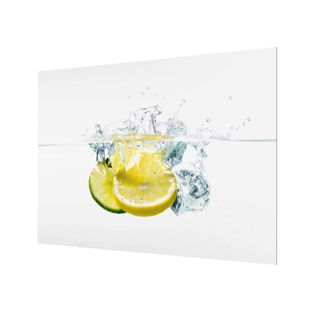 Glas Spritzschutz - Zitrone und Limette im Wasser - Querformat - 4:3