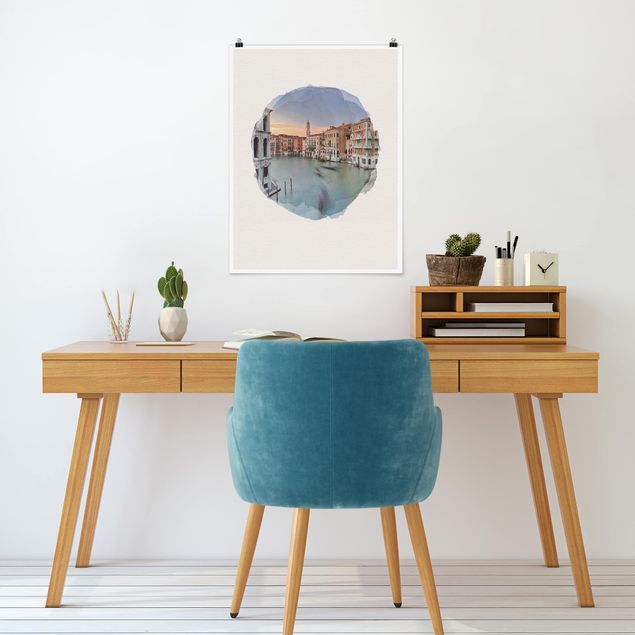 Städteposter Wasserfarben - Canale Grande Blick von der Rialtobrücke Venedig