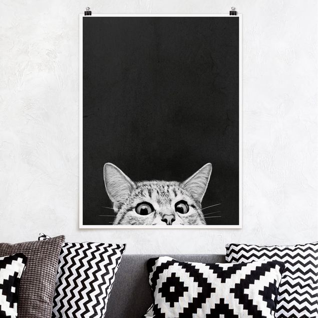 Küchen Deko Illustration Katze Schwarz Weiß Zeichnung