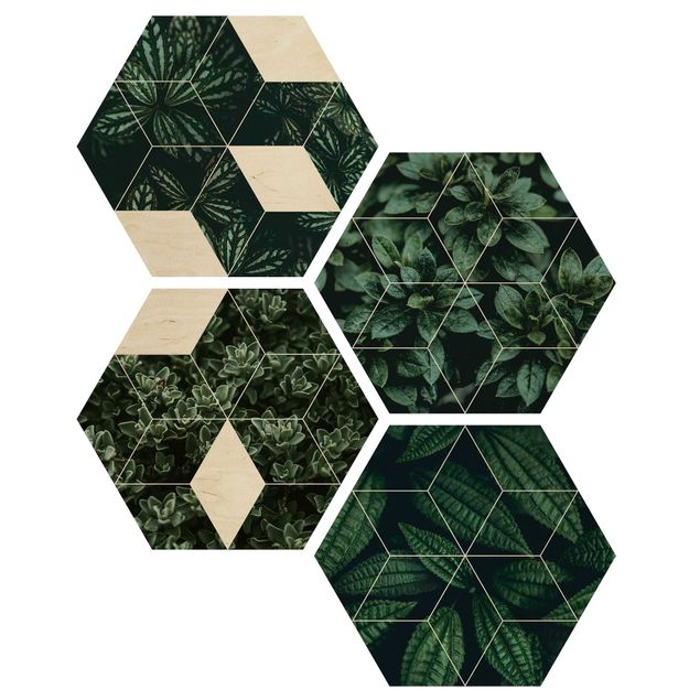 Bilder auf Holz Grüne Blätter Geometrie Set I