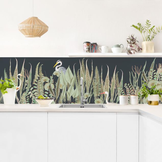 Spritzschutz Küche Glas Flamingo und Storch mit Pflanzen auf Grün