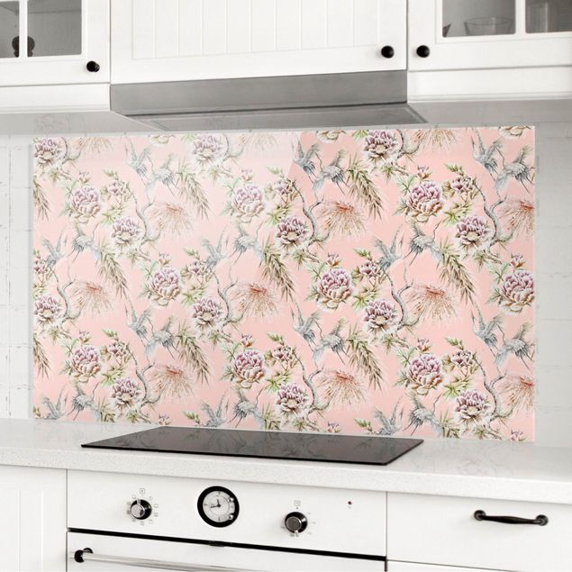 Küche Dekoration Aquarell Vögel mit großen Blüten vor Rosa