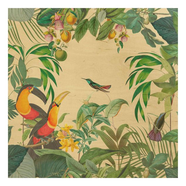 Holzbild Blumen Vintage Collage - Vögel im Dschungel
