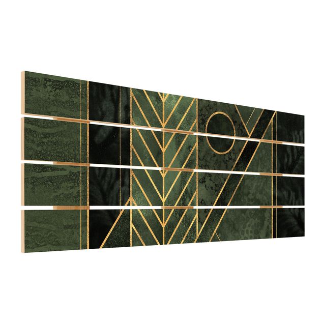 Holzbild - Elisabeth Fredriksson - Geometrische Formen Smaragd Gold - Querformat 2:5