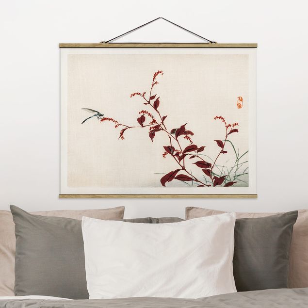 Wanddeko Küche Asiatische Vintage Zeichnung Roter Zweig mit Libelle