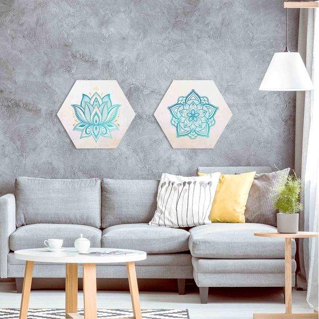 Wandbilder Muster Mandala Lotus Set Gold Blau