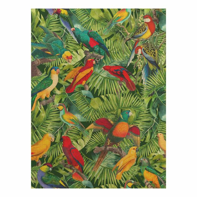 Holzbild Blumen Bunte Collage - Papageien im Dschungel