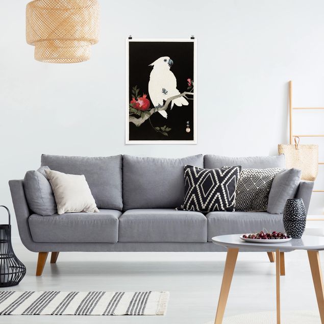 Poster schwarz-weiß Asiatische Vintage Illustration Weißer Kakadu