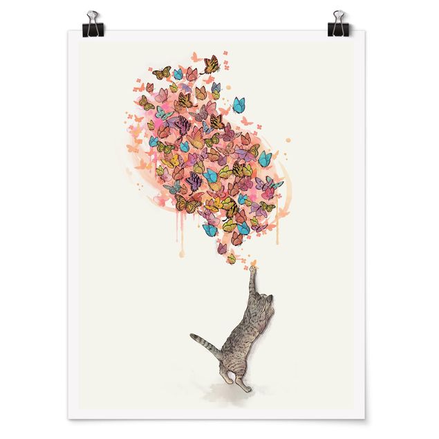 Kunstkopie Poster Illustration Katze mit bunten Schmetterlingen Malerei
