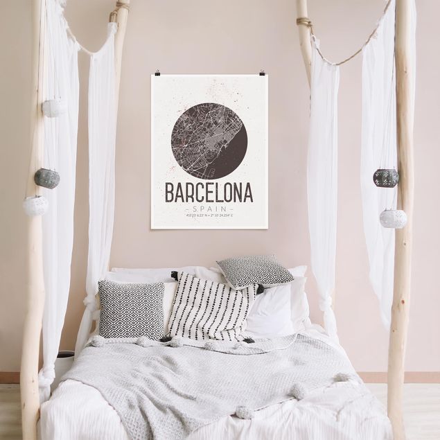 schwarz-weiß Poster Stadtplan Barcelona - Retro